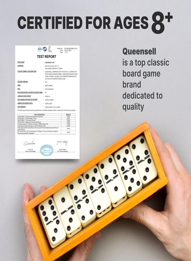 Queensell مجموعة دومينو كوينسيل للكبار - دومينو - ألعاب لوحية كلاسيكية، دومينو مزدوج 6، ألعاب عائلية للأطفال والكبار - مجموعة دومينو مزدوجة 6 قياسية 28 قطعة مع علبة خشبية، ألعاب طاولة - Image 5